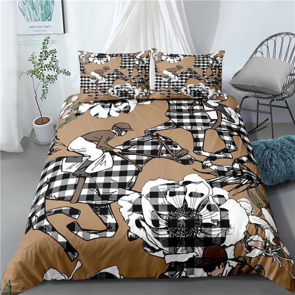 

black white grid horse bedding set bedroom decor brown background hypoallergenic with zipper 1pc duvet cover with pillowcases