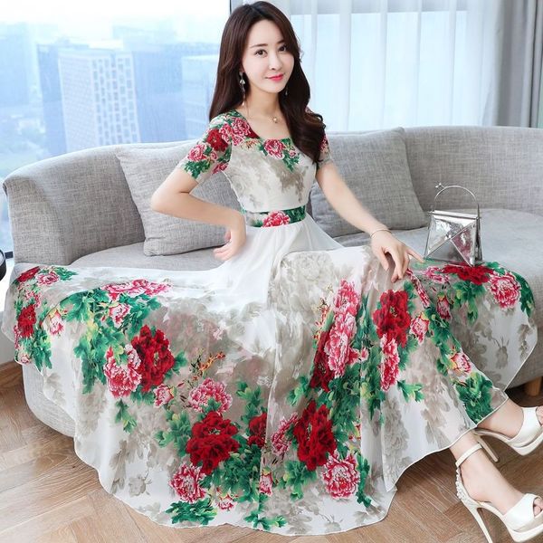 

2019 new office work dress plus size boho beach midi dresses summer new chiffon print sundress elegant women party vestidos, Black;gray