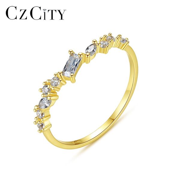 

czcity luxury pure gold jewelry 14k gold rings for women engagement wedding fine jewelry yellow 585 cz anillos gifts r14149, Golden;silver