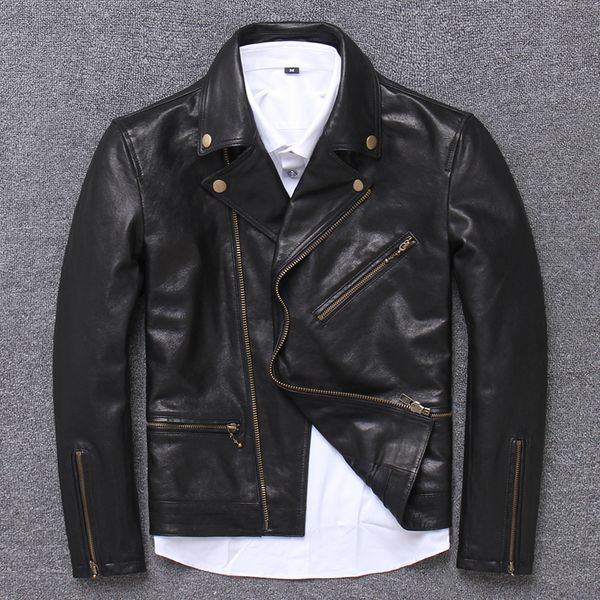 

men's sheepskin coat short genuine leather jacket men vintage motorcycle real leather jackets biker coat 15615 kj3190, Black