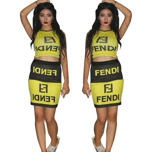 

FF Letter Print Women 2 Piece Short Sets Contrast Color Sleeveless 2Pcs Dresses Sexy Casual Female Clothing