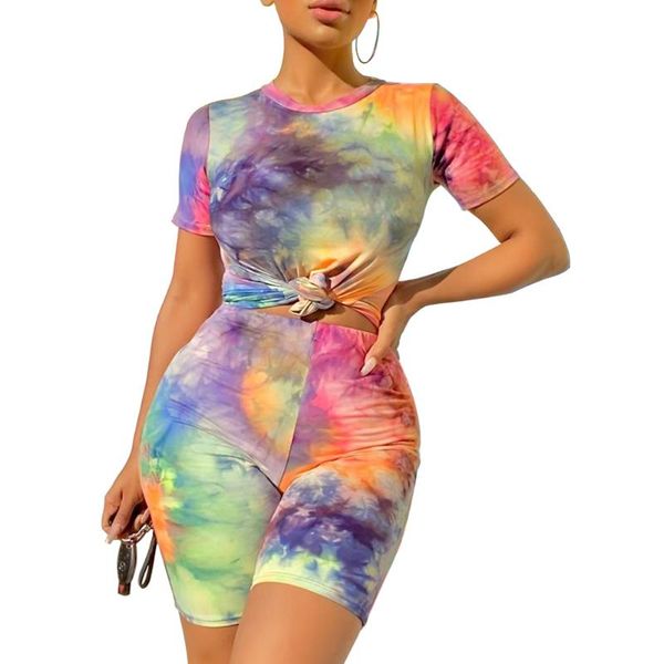 

2pcs women sports tie dyeing print high waist biker shorts pants workout yoga clothes tracksuit outfit casual 2 piece set, White;red