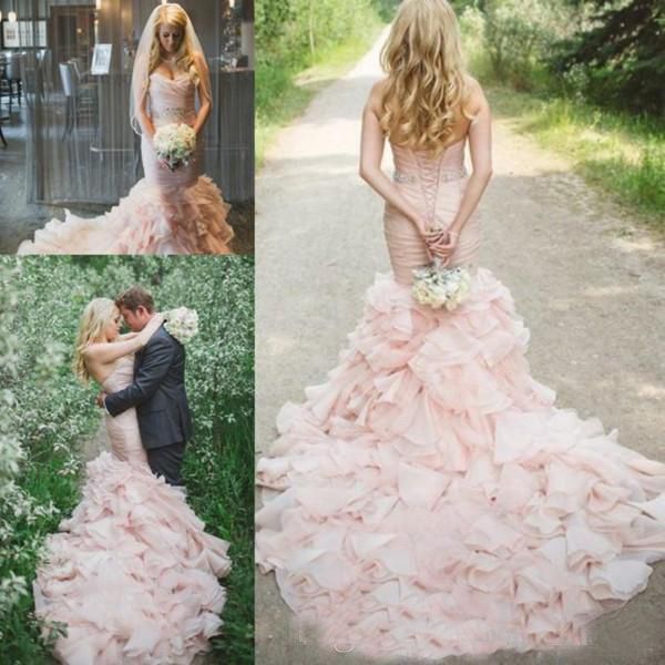 

2019 Country Blush Pink Wedding Dresses Mermaid Sweetheart Sweep Train Bridal Gowns With Crystal Sash Tiered Skirts Organza Wedding Gowns