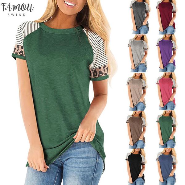 

plus size women t shirts 2020 cotton women casual summer striped leopard patchwork short sleeve women tee shirts, White