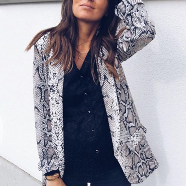 

soft slim fit outerwear snakeskin printed open front shopping long sleeve turn-down collar daily wear work women blazer party, White;black