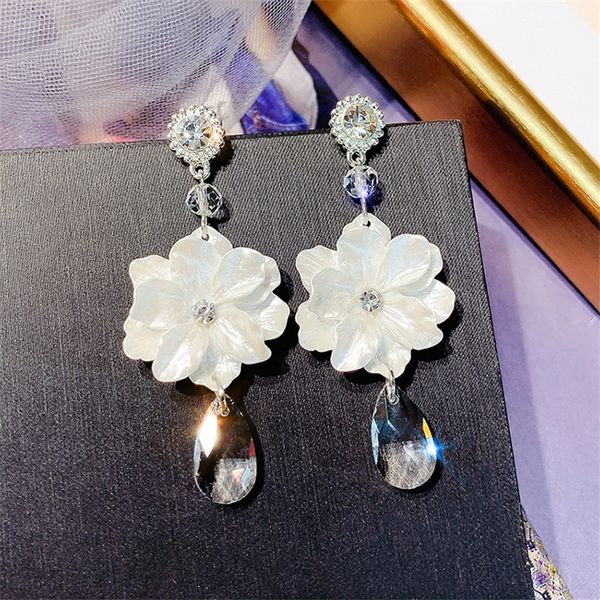 

fyuan long tassel white flower drop earrings for women bijoux water drop crystal dangle earrings fashion jewelry gifts, Silver