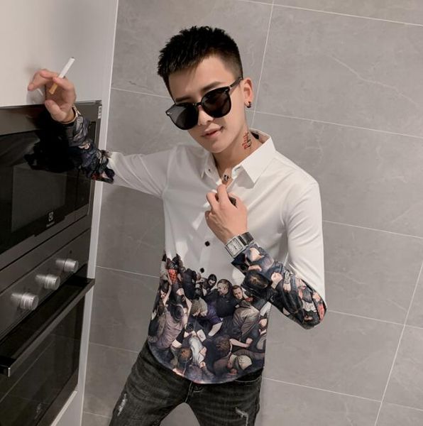

a16 long sleeve shirt men's printed milk silk shirt slim fashion trend, White;black
