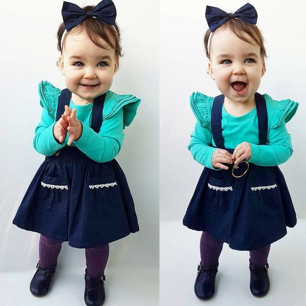 

1-3 years newborn toddler baby girl blue shoulder-straps brace dress overalls princess party autumn clothes