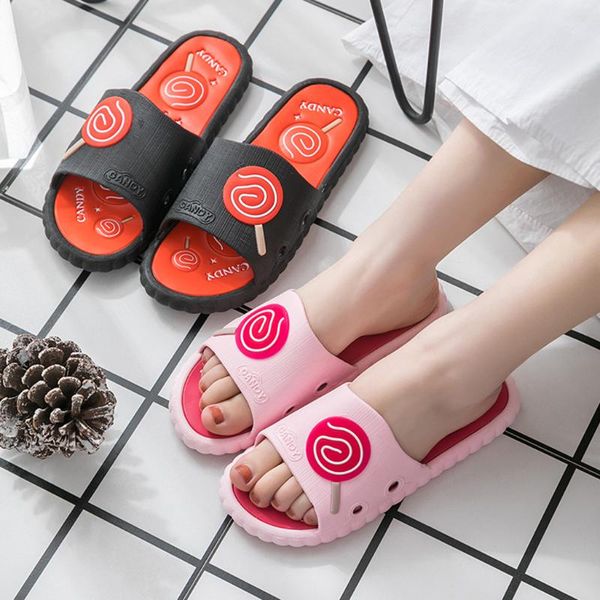 

women bath slippers sandals flip flops shoes lollipop bathroom sweet summer fashion flats non-slip home slides casual female, Black