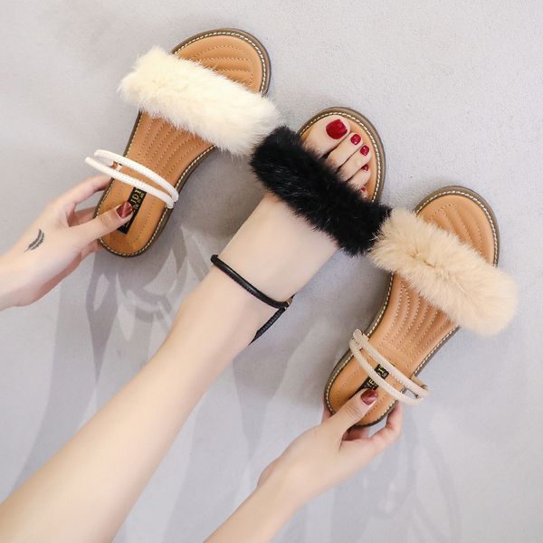 

tassel 2020 sandals buckle strap open toe black shoes for women two weare flip fur large size summer heels fringe women's peep
