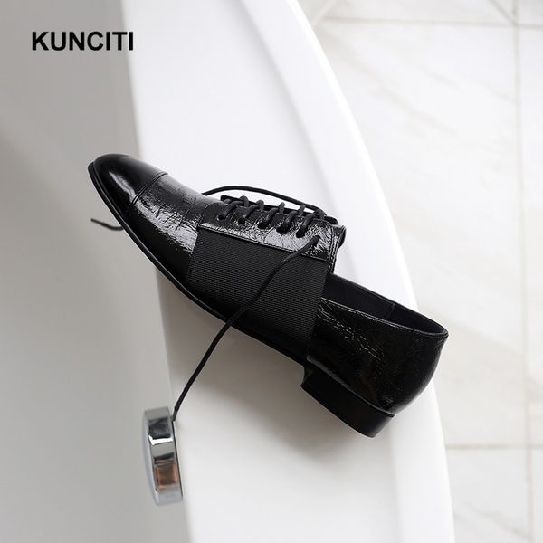 

2020 kunciti european street runway flat shoes cow leather fashion mules black patchwork shoes new designer f022