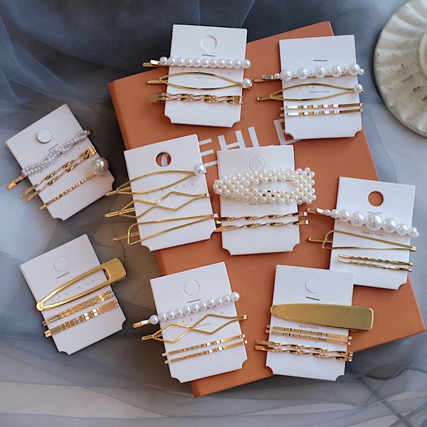 

korean metal pearl hairpin combination handmade golden pearl imitation hairpin sweet bangs clip word clip hair styling jewelry