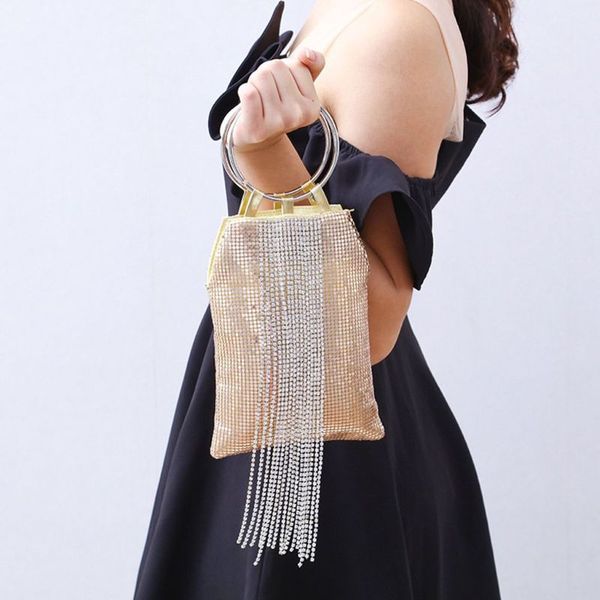 

2019 fashion women bracelet ring handle cocktail party wedding clutch rhinestone tassels tote handbag metal mesh evening bag