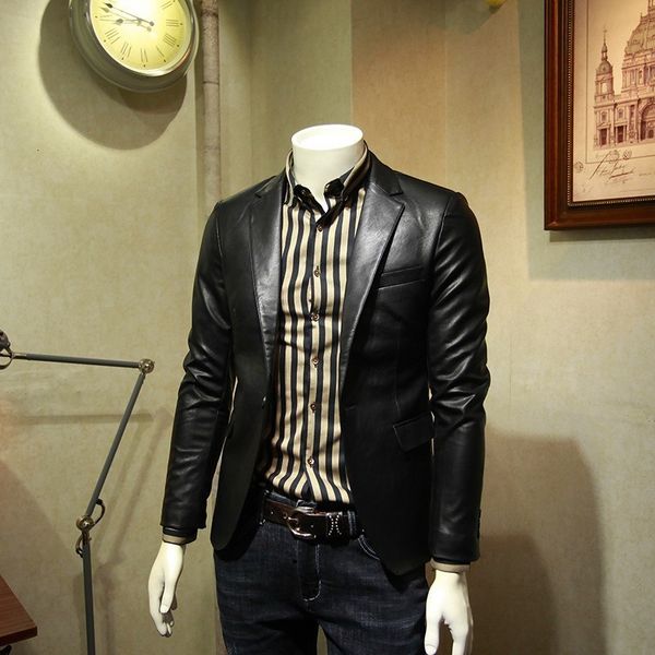 

smart casual spring mens single button lapel faux leather blazer long sleeve slim formal clothing male pu lether coats plus size, Black