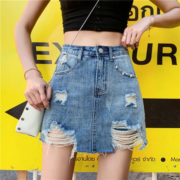 

skirts plus size women high waist denim skirt summer fashion beading a-line mini loose ripped jeans female 5xl, Black