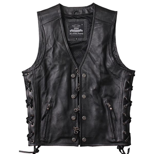 

2019 black men genuine motorcycle leather vest plus size xxxxl cowhide slim fit short chains biker's leather vest ing