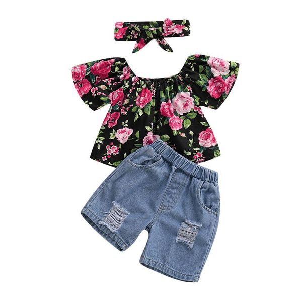 

summer girl set floral girl blouse + jeans shorts + headband 3pcs children shorts set kids suit fashion girls clothing, White