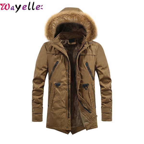 

men winter thicken warm cotton down jacket with faux fur collar men waterproof hooded long outerwear parka male snow cotton coat, Black
