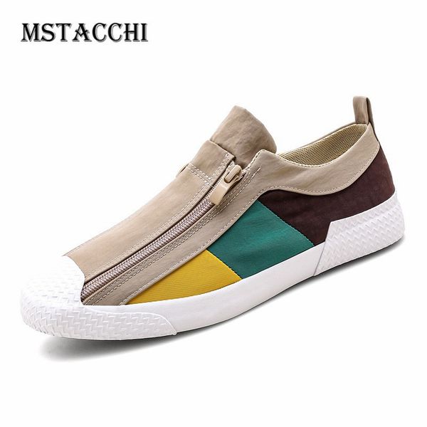 

mstacchi summer men shoes new style colour mixture zippe flat shoes round toe canvas casual men fashion comfort sneakers, Black