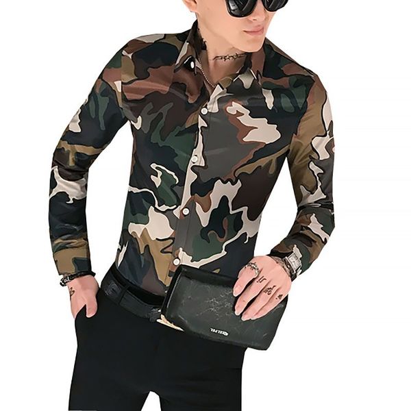 

корейская одежда мужчины party club сорочка homme -3xl камуфляжная рубашка мужчины с длинным рукавом slim fit рубашки ночной клуб camisa ma, White;black