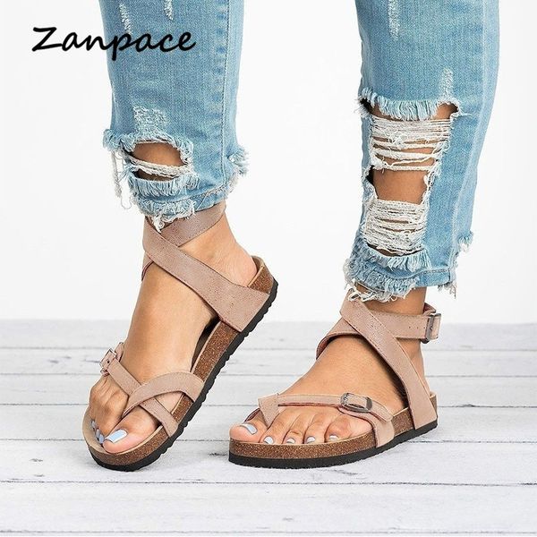 

2019 women flat sandals summer plus size 44 casual beach shoes women buckle strap gladiator open toe flops black brown