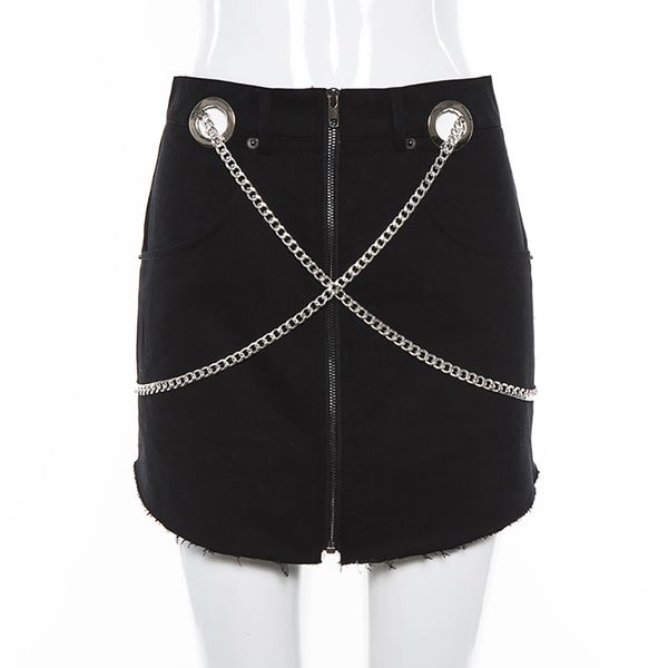 

gold hands women hollow rivet ring skirts with metal chain high waist zipper fashion pleated mini streetwear skirt gothic girls, Black