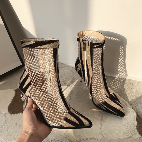 

rhinestone air mesh women boots high heels fashion glitter summer boots pointed toe elegant ladies shoe large size, Black