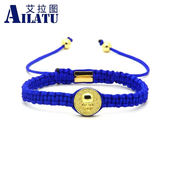

ailatu jewelry wholesale 10pcs/lot mix colors brass new round skull macrame bracelets for men, Golden;silver