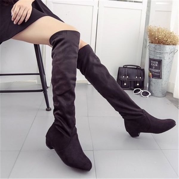 

elastic flock slim fit over the knee boots women 2019 winter thigh lace up ladies high heel chunky heel long thigh high botas, Black