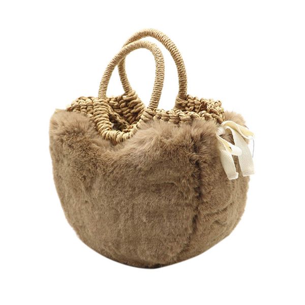 

ljl-new winter women's woven bag girls plush straw handbag plush jacket mini basket straw bag small messenger