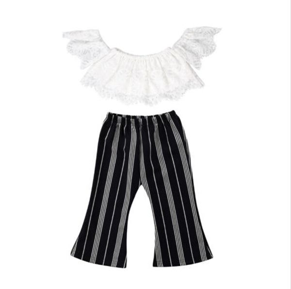 

Off Shoulder Lace 2Pcs Clothes Kids Girl Solid Color Shirt Tops +Black Striped Loose Long Pants Summer Fashion Outfits Suit New