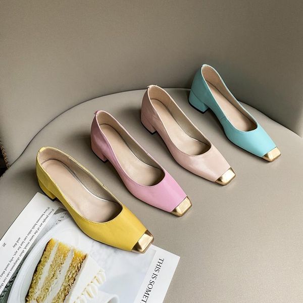 

fericzot 2020 summer pumps square toe thick heels ladies shoes candy color slip on women shoes, Black