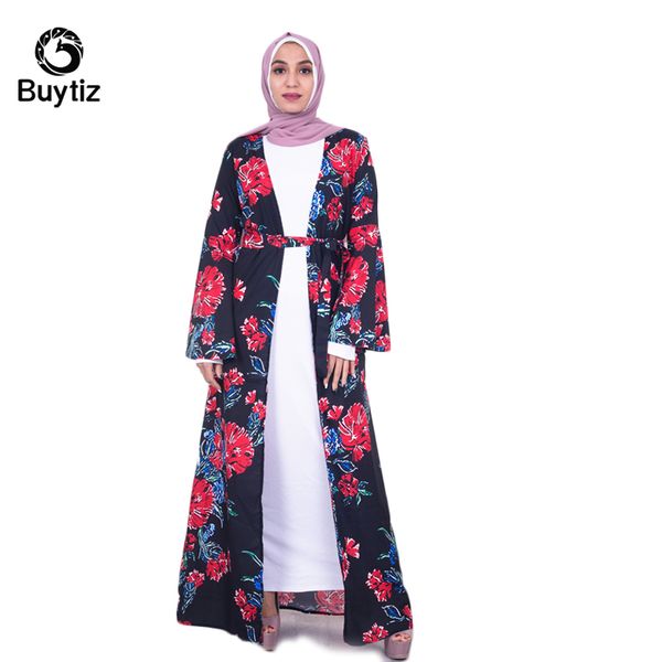 

buytiz boho long robe gowns print turkish muslim abaya uae mesh maxi floral dress kimono ramadan arabic dubai islamic clothing, Red