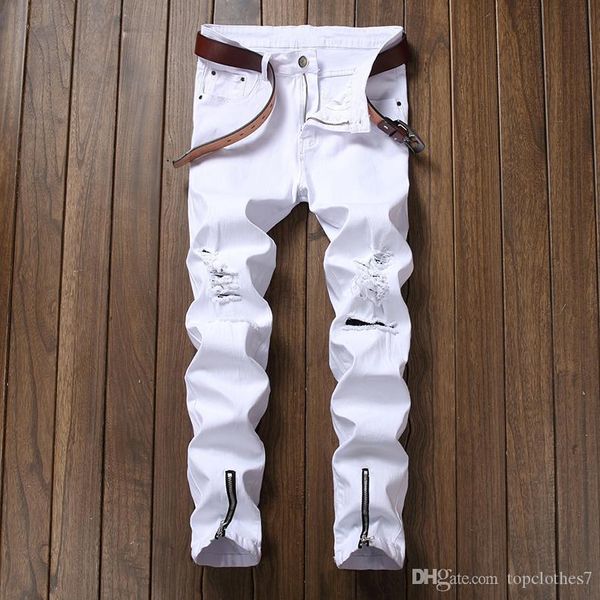 

high-quality mens distressed ripped skinny jeans fashion jeans slim motorcycle moto biker causal mens denim pants hip hop men jeans, Blue