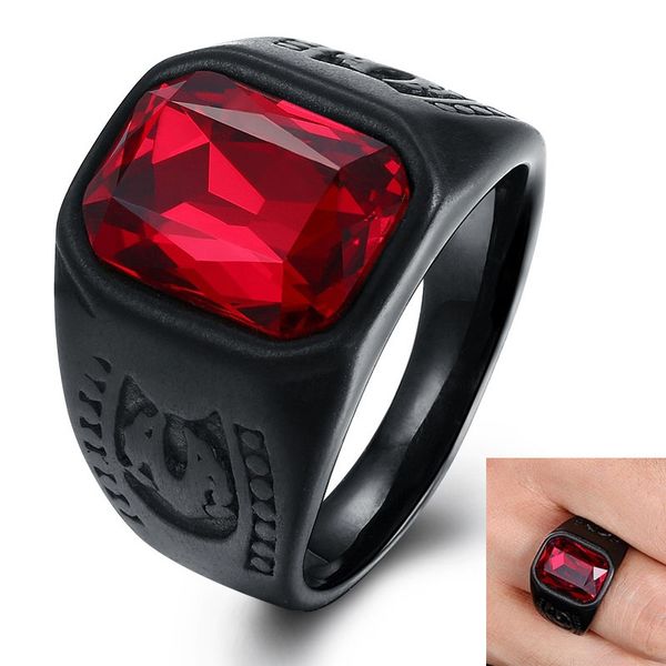 

2019 vintage square red glass women ring black stainless steel band for men rings fashion gift jewelry, Slivery;golden