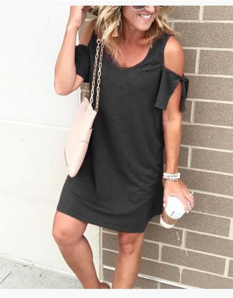 

summer womens solid casual dresses off shoulder short sleeve ladies a line dresses crew neck draped fashion female dresses, Black;gray