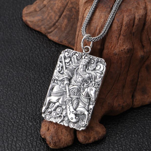 

wholesale s990 sterling silver jewelry retro thai silver domineering guan gong male personality tag six-character mantra pendant