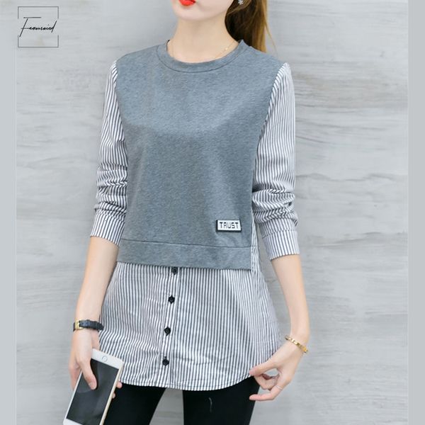 

women blouses patchwork autumn korean style long sleeve blouse shirt women casual striped 2019 fake two pieces loose blusas, White