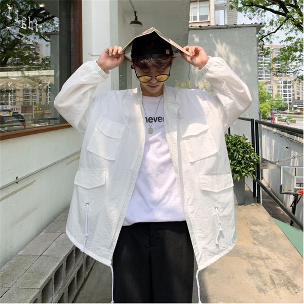 

men's jacket fall 2019 slim solid color large pocket work jacket loose large size casual lapel personality young men's wear, Black;brown