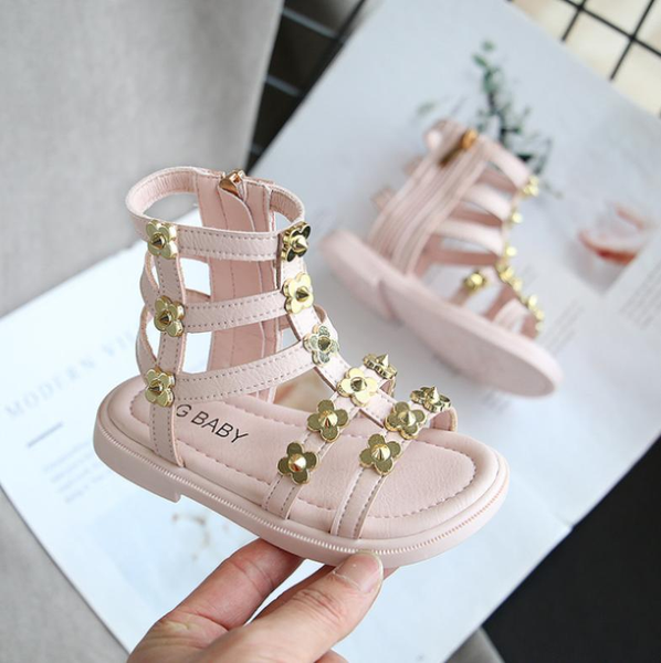 

girls sandals summer kids shoes fashion flower rome high tube sandals girls princess zip flat with dance shoes beach, Black;red