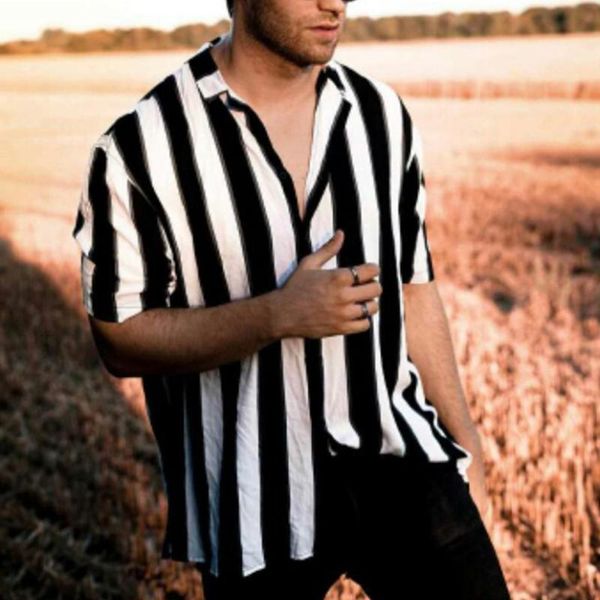 

men's shirts cotton baggy striped short sleeve button turn-down collar beach shirts fashion streetwear plus size, White;black