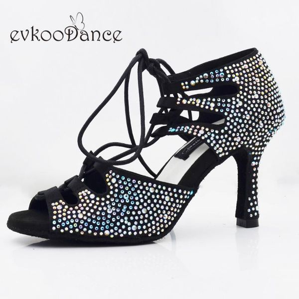 

evkoodance 8.3cm heel height size us 4-12 dance shoes black satin with rhinestone professional zapatos de baile evkoo-568