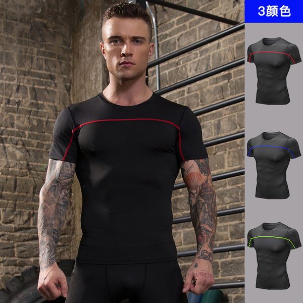 

men's reflective fitness running t shirt men compression dry fit tight sportwear mens basketball sport training t shirt, Black;blue