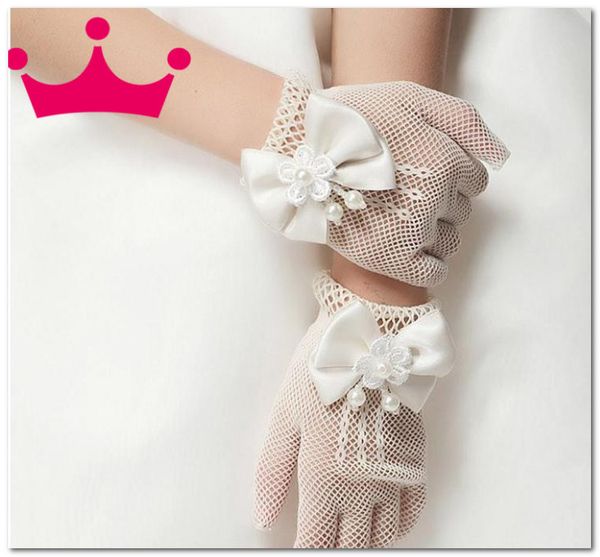 

sweet girls lace hollow white gloves boutique kids wedding princess accessories children stereo beaded flowers bows finger gloves j2893