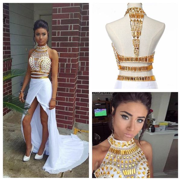 

2019 high neck mermaid homecoming dresses beaded split front sweep train vestidos de soiree custom prom party gowns two piece special gowns, Blue;pink