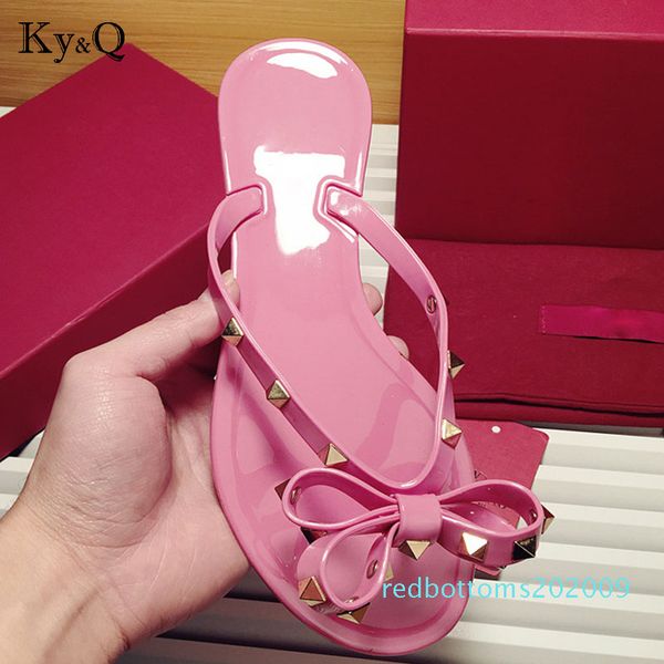 

brands women rivets bow knot flat slippers sandals girls flip flops studded summer shoes cool beach slides jelly shoes 35-41 rr09, Black