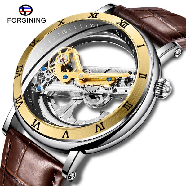 

forsining double side transparent automatic men watch leather strap men wristwatch male clock relogio masculino, Slivery;brown