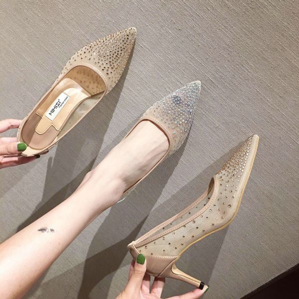 

transparent mesh pumps female high heel pointed rhinestone women's shoes shallow mouth wedding bridesmaid shoes party, Black
