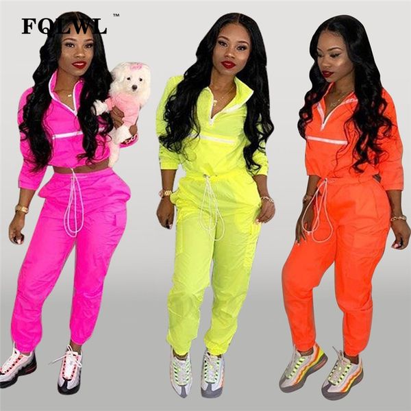 

fqlwl 2 piece set women pink outfits zipper long sleeve two piece set crop and pants suit tracksuit women matching sets 2019, White