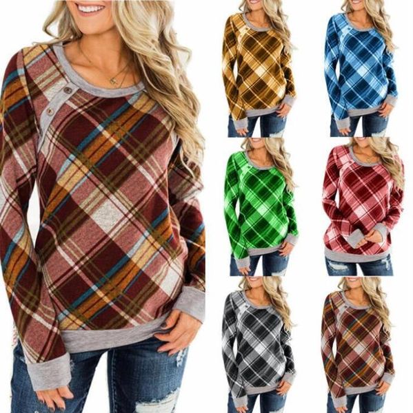 Plaid Shirts Frauen Überprüfen Casual T-shirts Mädchen Grid Langarm Tops Herbst O Neck Blusas Print Button Pullover Hoodies Kostüm vestidos C6512